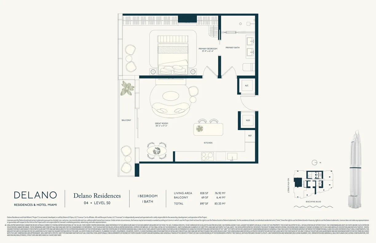 Delano Residences one-bedroom floor plan (Level 50): a primary bedroom, great room, kitchen, and balcony — 828 SF living area, 69 SF balcony, 897 SF total.