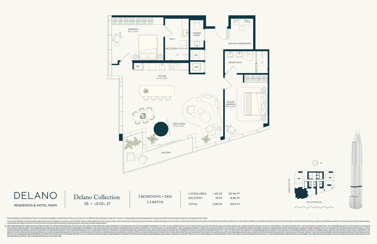Delano Collection two-bedroom-plus-den floor plan (Level 27): two bedrooms, a den with sleeper sofa, two-and-a-half baths, great room, and balcony — 1,431 SF living area, 118 SF balcony, 1,549 SF total.
