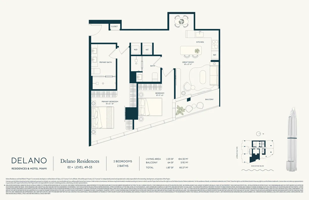 Delano Residences two-bedroom floor plan (Levels 49–53): primary and secondary bedrooms, two baths, great room, kitchen, and balcony — 1,123 SF living area, 64 SF balcony, 1,187 SF total.