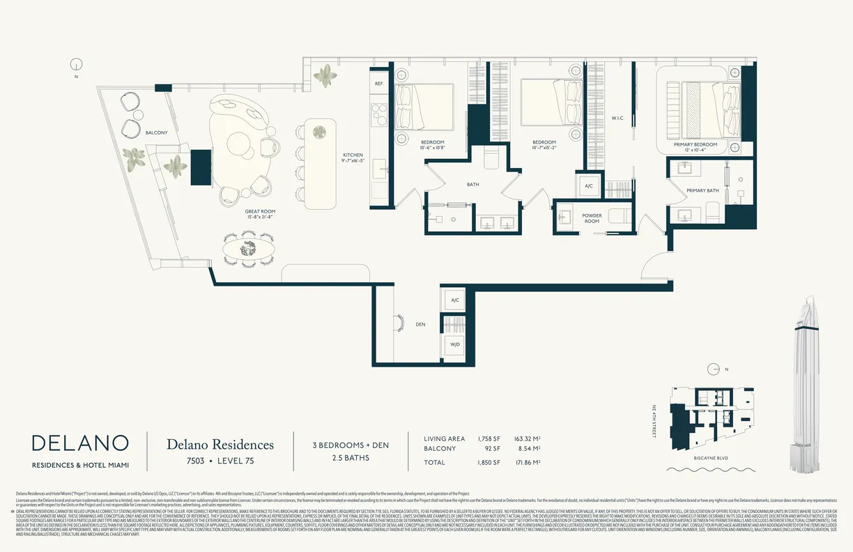 Delano Residences three-bedroom-plus-den floor plan (Level 75): three bedrooms, a den, two-and-a-half baths, great room, kitchen, and balcony — 1,758 SF living area, 92 SF balcony, 1,850 SF total.