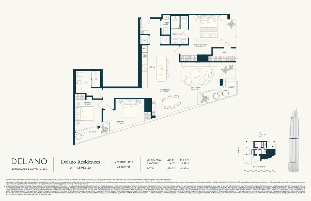 Delano Residences three-bedroom floor plan (Level 50): three bedrooms, two-and-a-half baths, great room, separate dining room, kitchen, and two balconies — 1,685 SF living area, 114 SF balcony, 1,799 SF total.