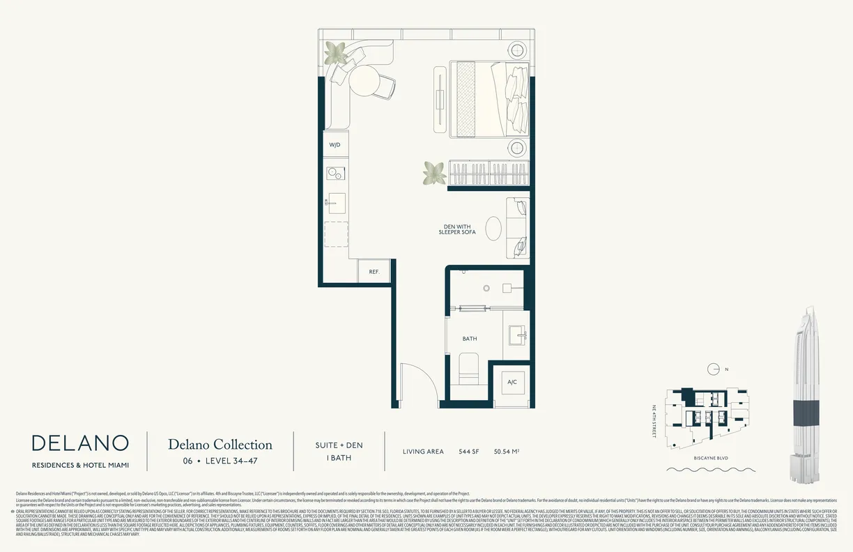 Delano Collection studio-plus-den floor plan (Levels 34–47): a suite with a den featuring a sleeper sofa, bath, and 544 SF of living area.