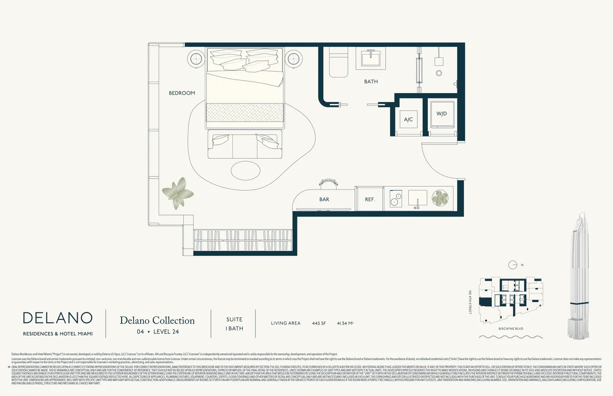 Delano Collection studio floor plan (Level 24): an open suite with a bedroom area, bar, bath, and 445 SF of living area.