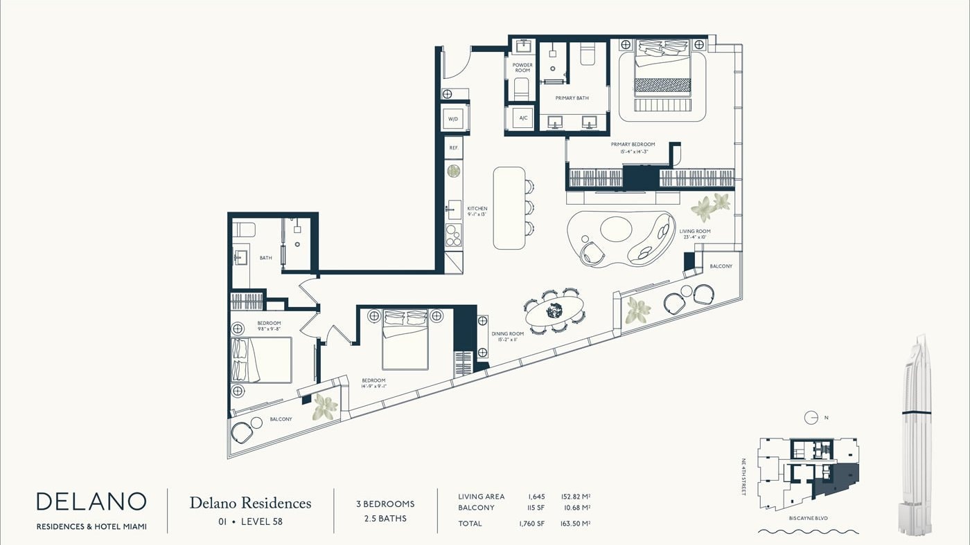 Delano Residences floor plan — Residence 01, Level 58: a three-bedroom, two-and-a-half-bath layout with 1,645 SF of living area and a 115 SF balcony, 1,760 SF total.