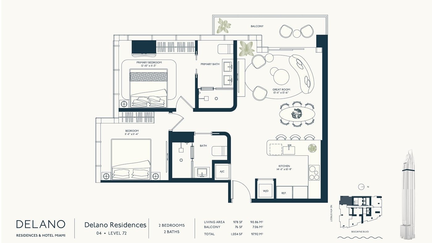 Delano Residences floor plan — Residence 04, Level 72: a two-bedroom, two-bath layout with 978 SF of living area and a 76 SF balcony, 1,054 SF total.