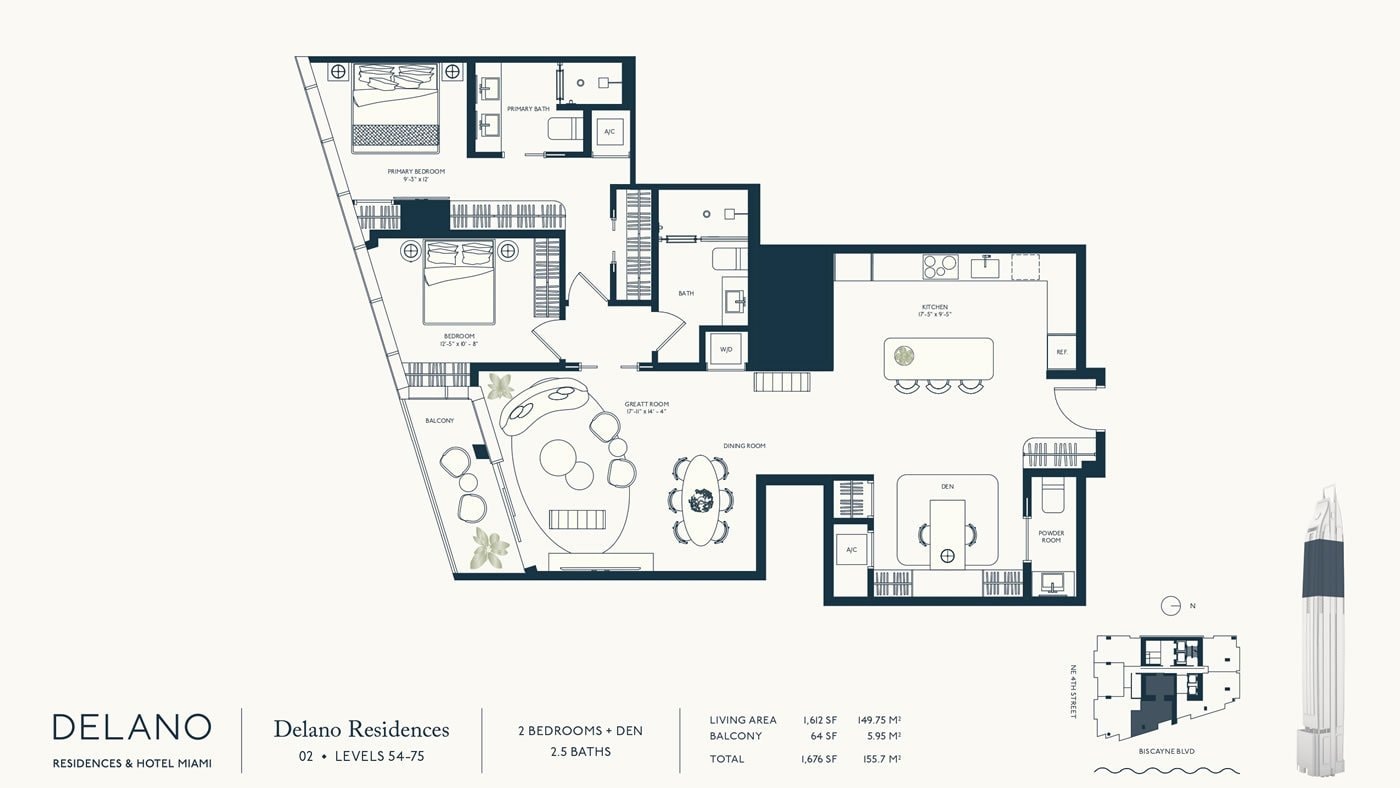 Delano Residences floor plan — Residence 02, Levels 54–75: a two-bedroom-plus-den, two-and-a-half-bath layout with 1,612 SF of living area and a 64 SF balcony, 1,676 SF total.